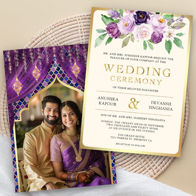 Invitación Boda fotográfico hindú morado con flores de oro (Subido por el creador)