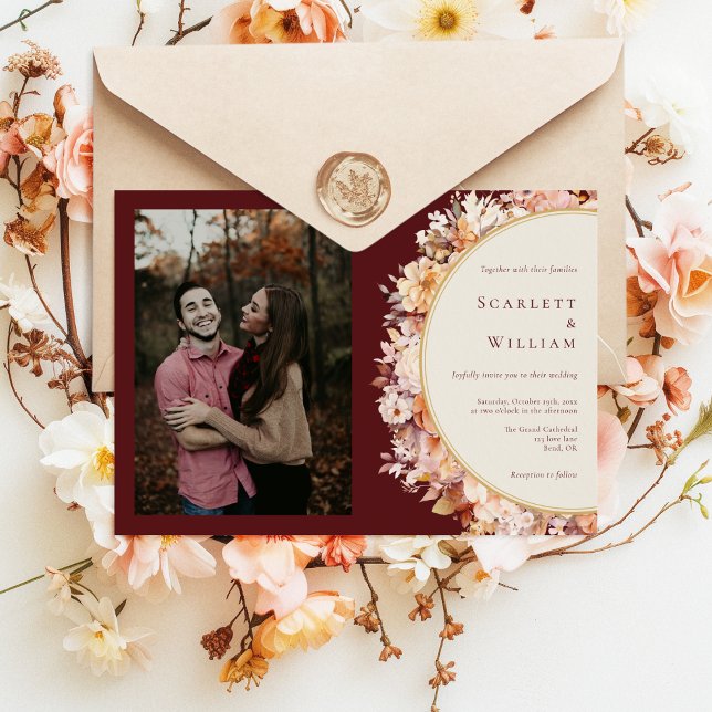 Invitación Boda fotográfico horizontal floral borgoña de otoñ (Subido por el creador)