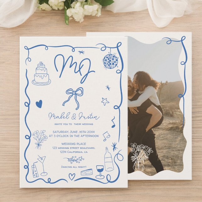 Invitación Boda fotográfico ilustrado a mano con iniciales az (Blue initials handdrawn illustrated photo wedding invitation)