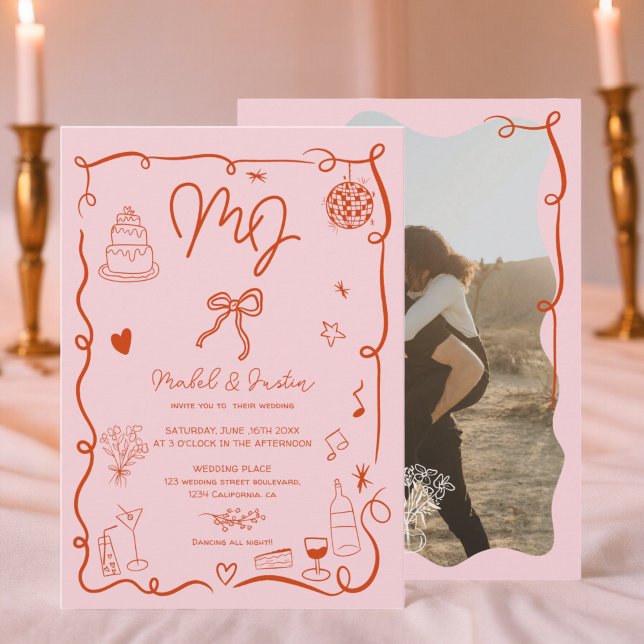 Invitación Boda fotográfico ilustrado a mano con iniciales ro (Pink initials handdrawn illustrated photo wedding invitation)