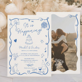 Invitación Boda fotográfico ilustrado con la mano azul de Fra