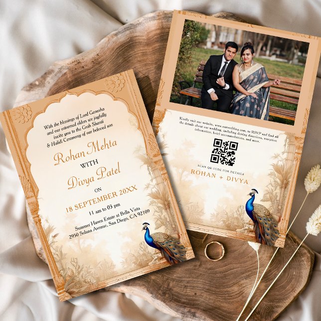 Invitación Boda fotográfico indio Peacock Palm Garden (Subido por el creador)