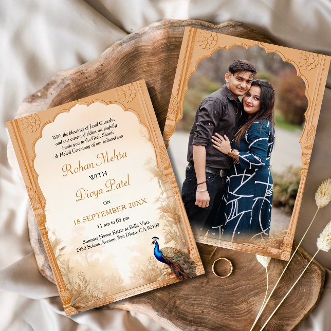 Invitación Boda fotográfico indio Peacock Palm Garden (Subido por el creador)