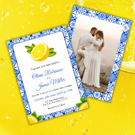 Invitación Boda fotográfico italiano de mosaico azul mediterr