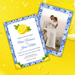 Invitación Boda fotográfico italiano de mosaico azul mediterr