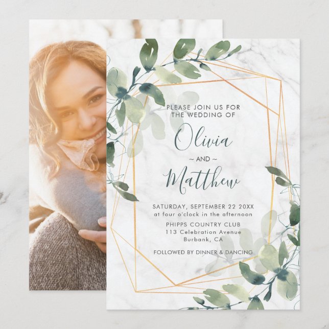 Invitación Boda fotográfico Marble Geométrico Gold Eucalyptus (Anverso / Reverso)