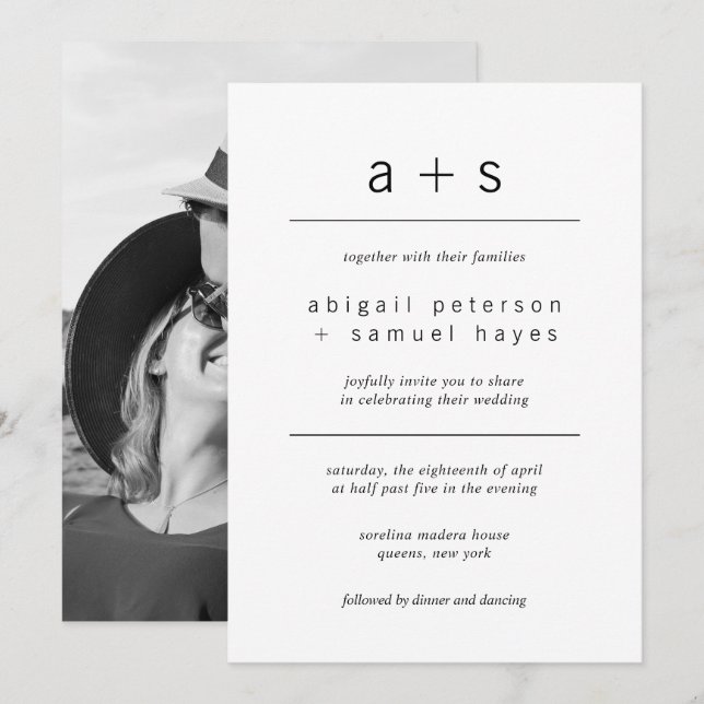 Invitación Boda fotográfico minimalista de monograma blanco y (Anverso / Reverso)