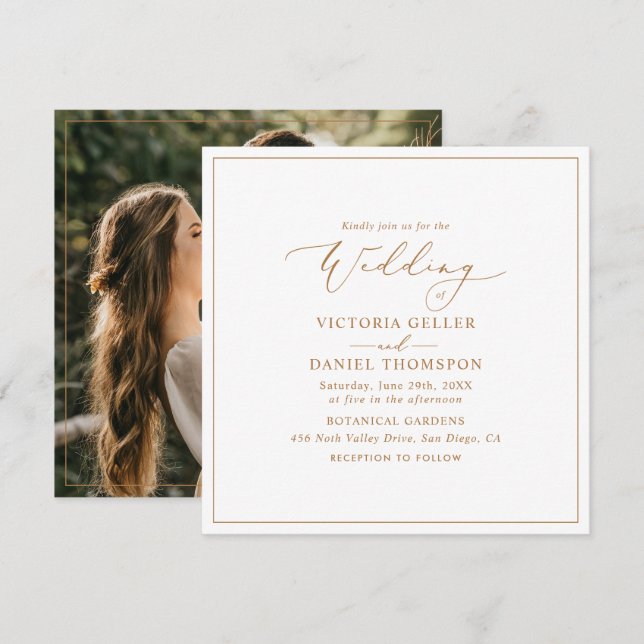 Invitación Boda fotográfico minimalista Gold Square (Anverso / Reverso)