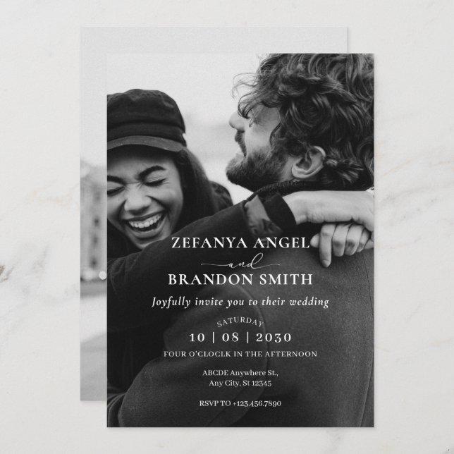 Invitación Boda fotográfico minimalista monocromo (Anverso / Reverso)