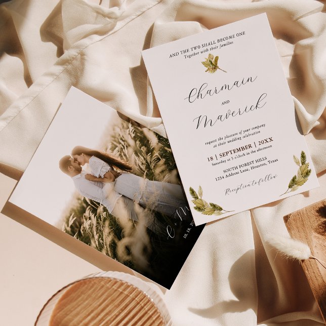 Invitación Boda fotográfico mínimo de hojas de palma monogram (Subido por el creador)