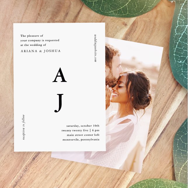 Invitación Boda fotográfico mínimo monograma negro y blanco (Subido por el creador)