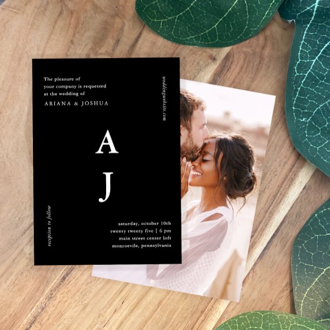 Invitación Boda fotográfico mínimo monograma negro y blanco (Subido por el creador)