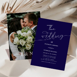 Invitación boda fotográfico moderno azul marino y blanco