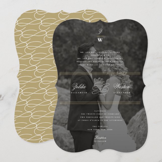 Invitación Boda fotográfico moderno con doble monograma de ba (Anverso / Reverso)