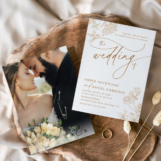 Invitación Boda fotográfico moderno con Floral dorada vintage