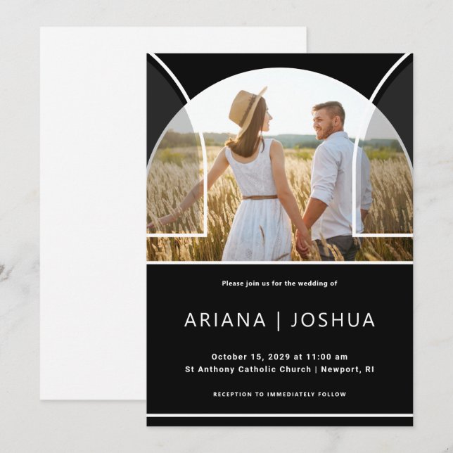 Invitación Boda fotográfico moderno de arco blanco y negro (Anverso / Reverso)