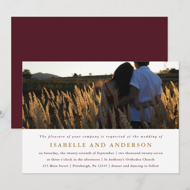Invitación Boda fotográfico moderno de Borgoña One (Anverso / Reverso)