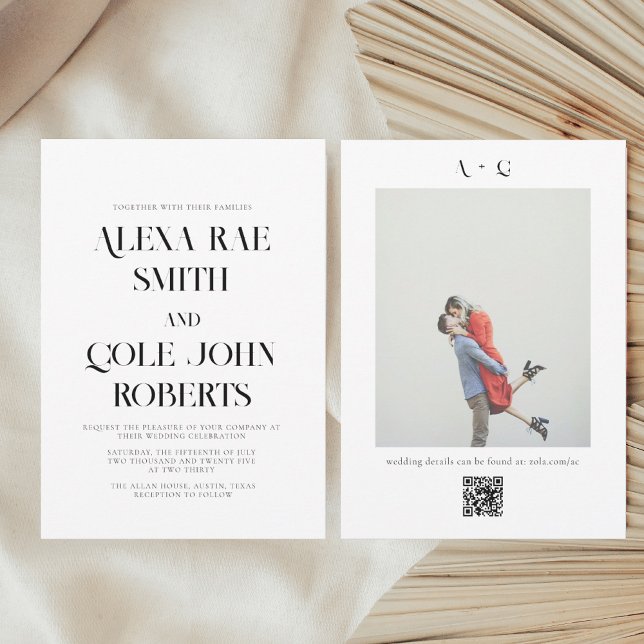 Invitación Boda fotográfico moderno de código QR en blanco y  (Subido por el creador)