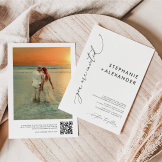 Invitación Boda fotográfico moderno de código QR en blanco y