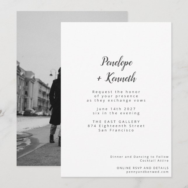 Invitación Boda fotográfico moderno de escritura minimalista  (Anverso / Reverso)