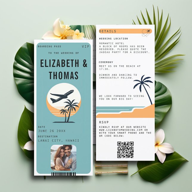 Invitación Boda fotográfico moderno de la playa de destino tr (tropical beach destination wedding invitation boarding pass qr code all in one photo modern)