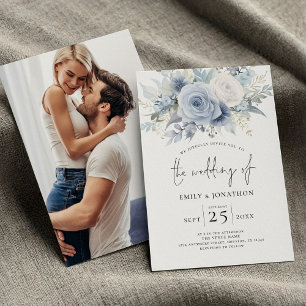 Invitación Boda fotográfico moderno Dusty Blue Florals