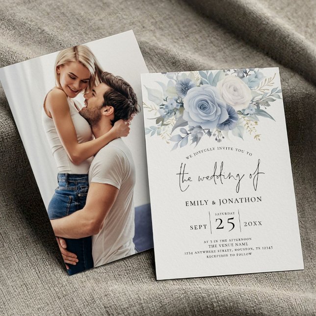 Invitación Boda fotográfico moderno Dusty Blue Florals (front and back view)