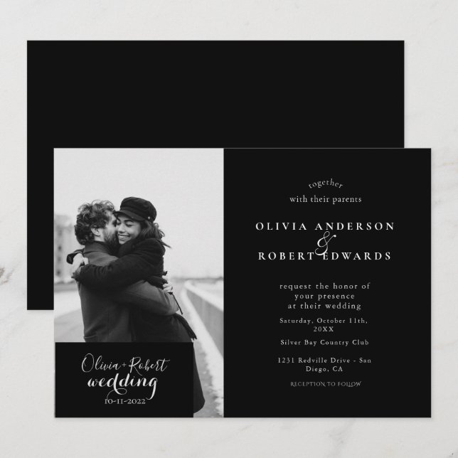 Invitación boda fotográfico moderno en blanco y negro (Anverso / Reverso)