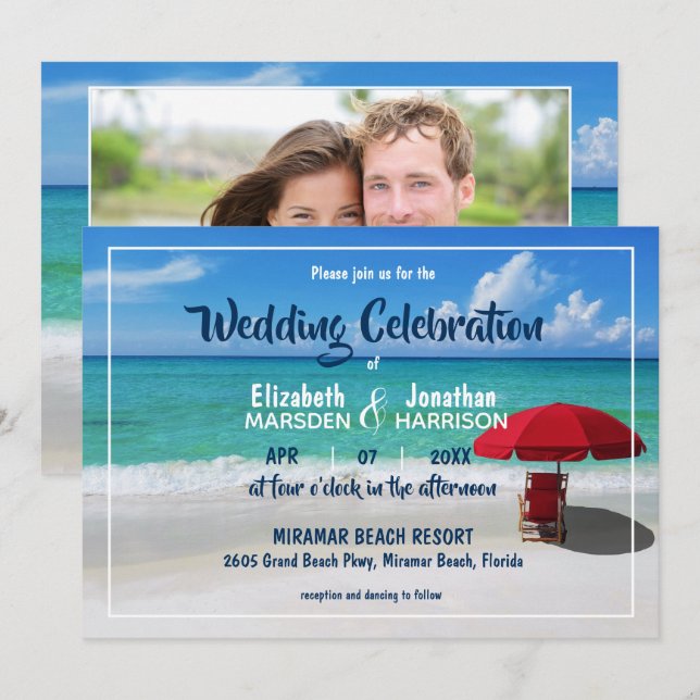 Invitación Boda fotográfico moderno Tropical Beach Red Umbrel (Anverso / Reverso)