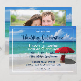 Invitación Boda fotográfico moderno Tropical Beach Red Umbrel