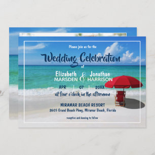 Invitación Boda fotográfico moderno Tropical Beach Red Umbrel