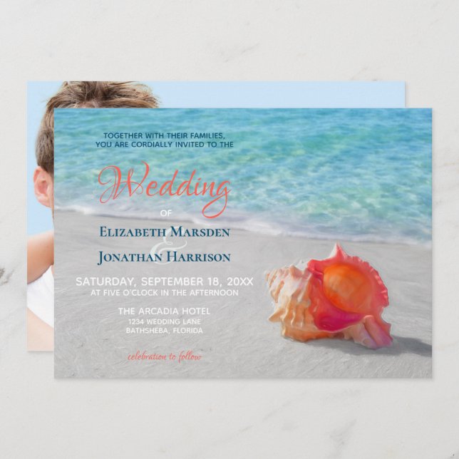Invitación Boda fotográfico moderno Tropical Beach Seashell (Anverso / Reverso)