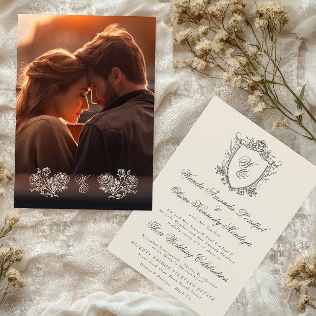 Invitación Boda fotográfico Monograma Beige-Escudo floral (Subido por el creador)