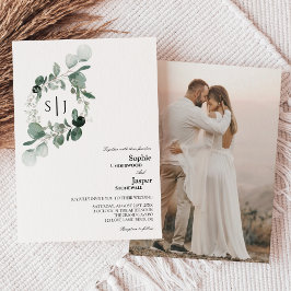 Invitación Boda fotográfico Monograma blanco de verde moderno