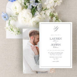 Invitación Boda fotográfico monograma de guión azul de la mar