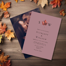 Invitación Boda fotográfico monograma de hoja de otoño simple