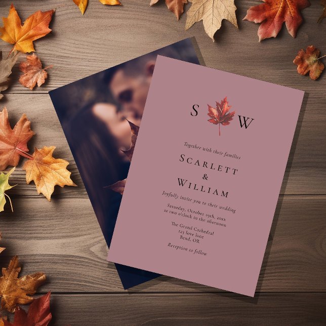 Invitación Boda fotográfico monograma de hoja de otoño simple (Subido por el creador)