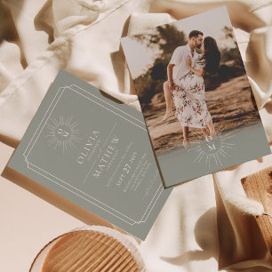 Invitación Boda fotográfico monograma de Sage Green Mid Centu