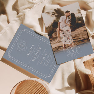 Invitación Boda fotográfico monograma del Dusty Blue Mid Cent