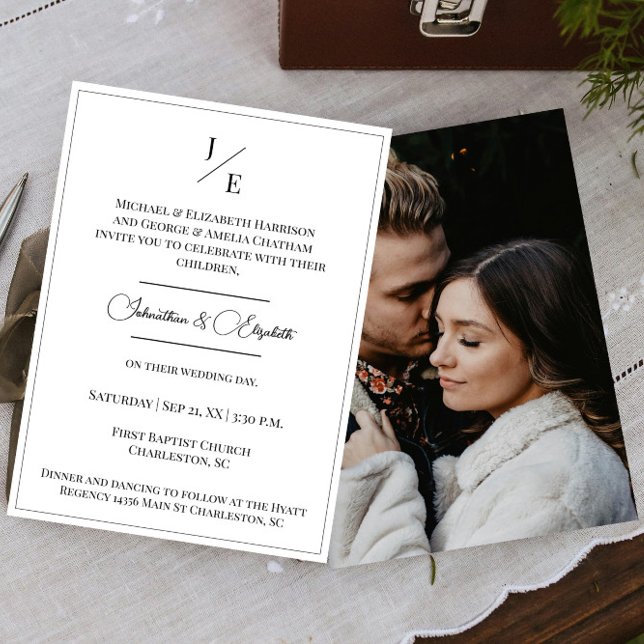 Invitación Boda fotográfico monograma minimalista | Blanca (Minimalist Monogram Photo White Wedding Invitation)