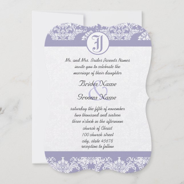 Invitación Boda fotográfico Monograma Vintage Lavender Damask (Anverso)