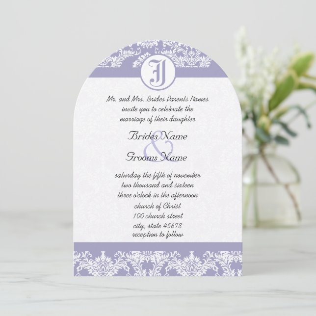 Invitación Boda fotográfico Monograma Vintage Lavender Damask (Anverso de pie)