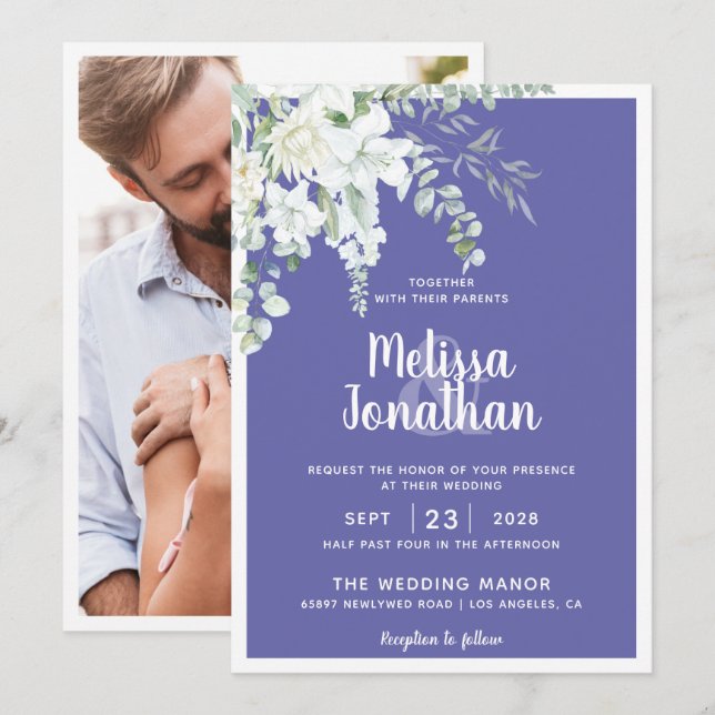 Invitación Boda fotográfico morado de flores gentiles romanti (Anverso / Reverso)