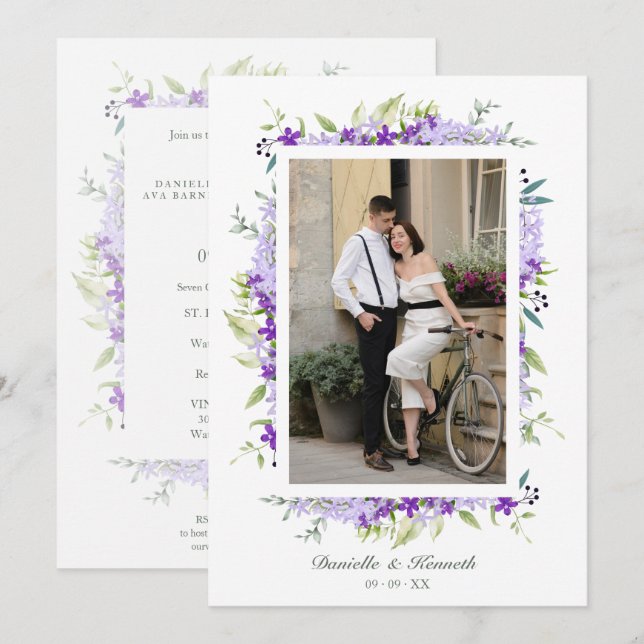Invitación Boda fotográfico Morado Shades Flores y Branche (Anverso / Reverso)