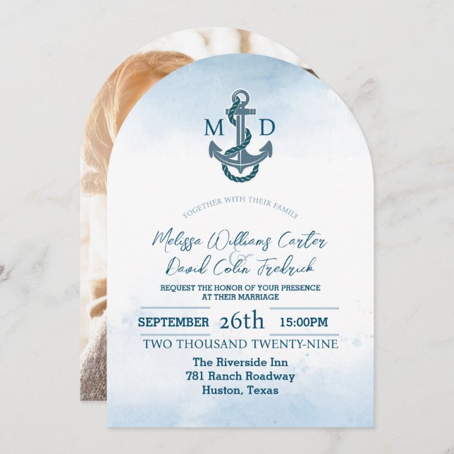 Invitación Boda fotográfico náutico del Ancla Azul de la Play (Anverso / Reverso)