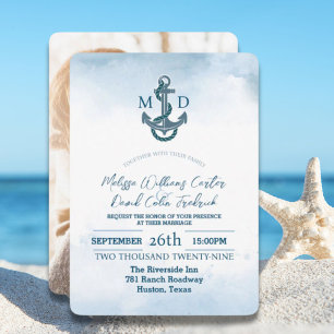 Invitación Boda fotográfico náutico del Ancla Azul de la Play