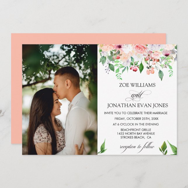 Invitación Boda fotográfico personalizado de Rubor Floral Gre (Anverso / Reverso)