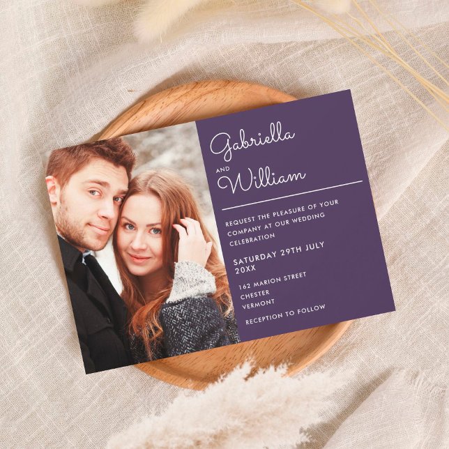 Invitación Boda fotográfico Purple Elegant Modern Script (Subido por el creador)