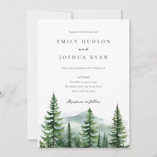 Invitación Boda fotográfico QR de Pine Tree Forest (Anverso)