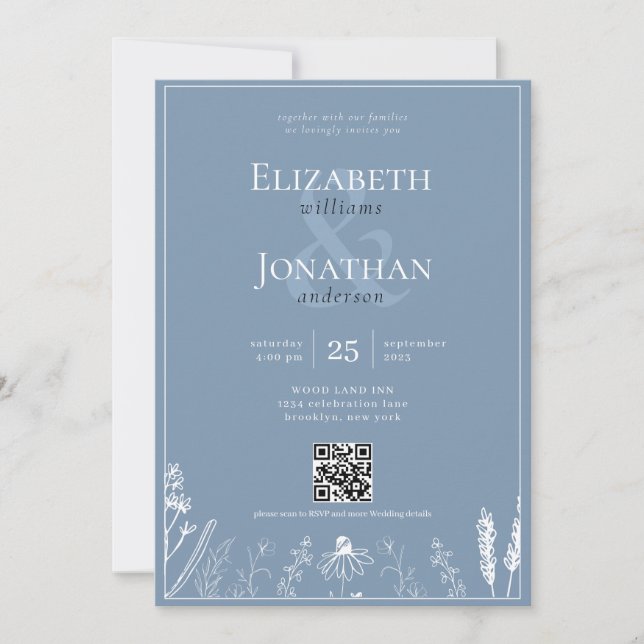 Invitación Boda fotográfico QR del borde del monograma azul c (Anverso)